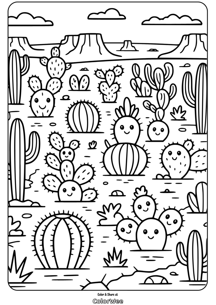 plant doodles desert cactus coloring page Cactus coloring page featuring cute, smiling desert plants.