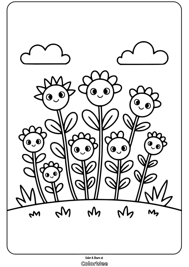plant doodles friendly faces coloring page Happy sunflowers coloring page for kids with clouds in the sky.