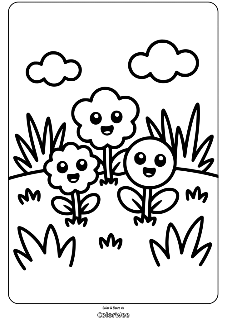 plant doodles happy garden coloring page Smiling flowers and clouds coloring page for kids.