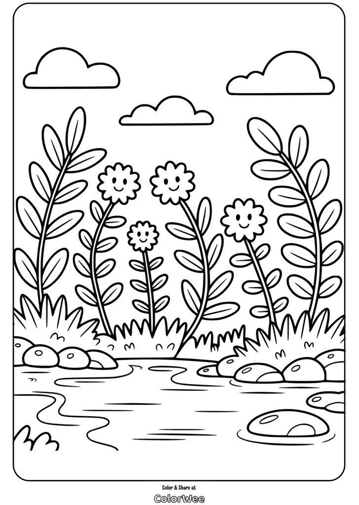 plant doodles riverside coloring page Happy flower garden by a pond coloring page.