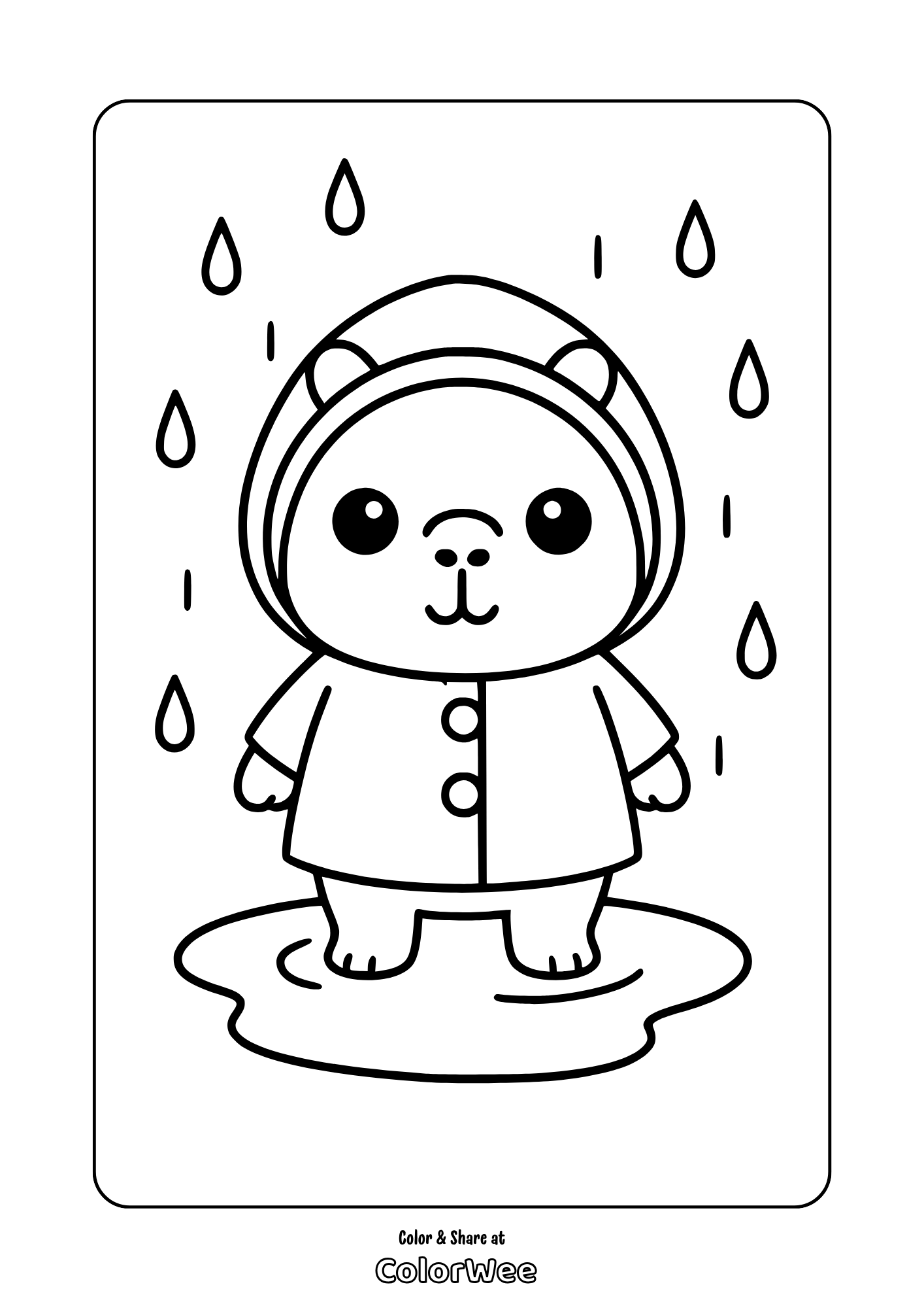 Rainy day capybara in raincoat coloring page for kids fun activity.
