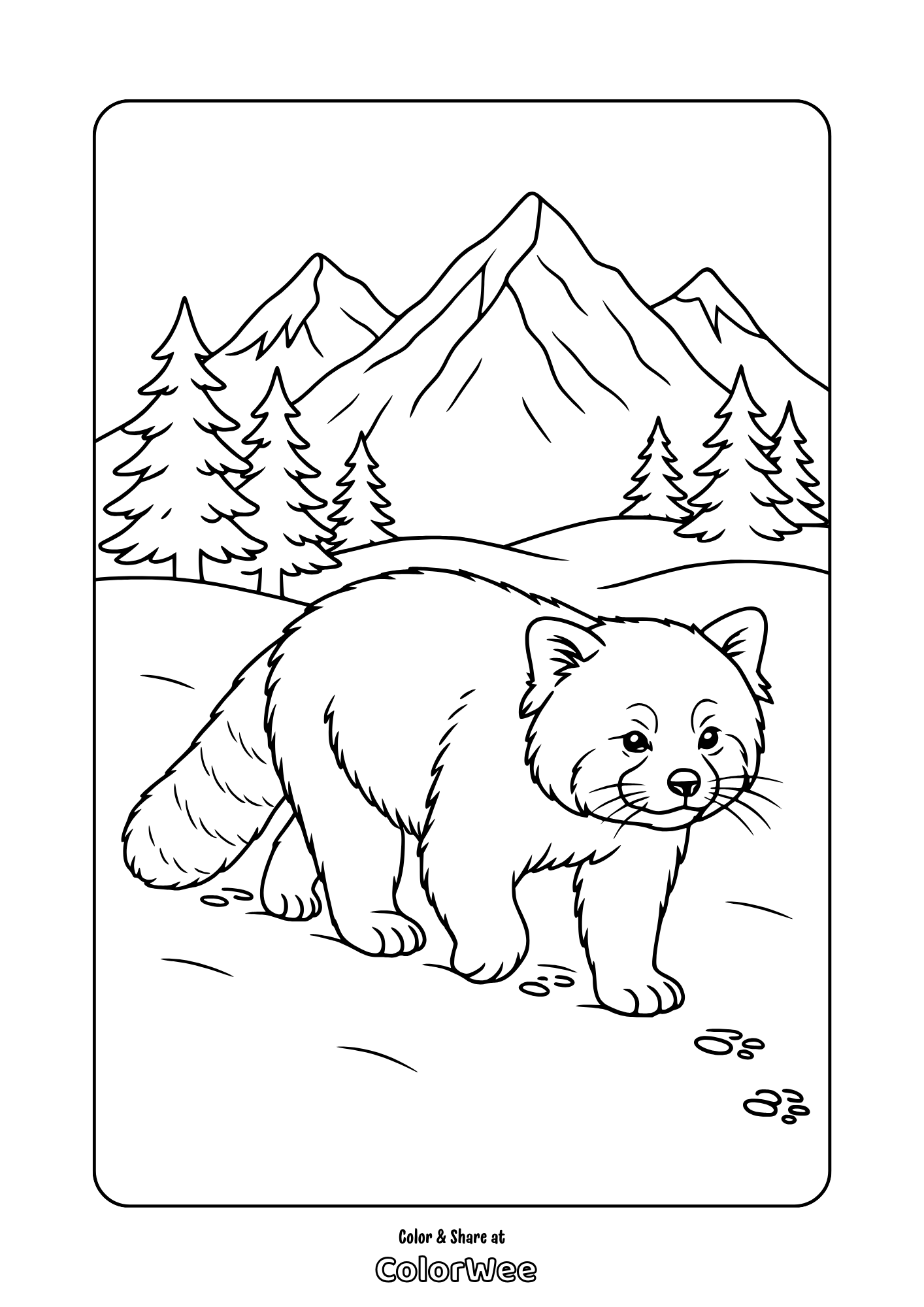 Realistic red panda coloring page with mountains and trees in the background.