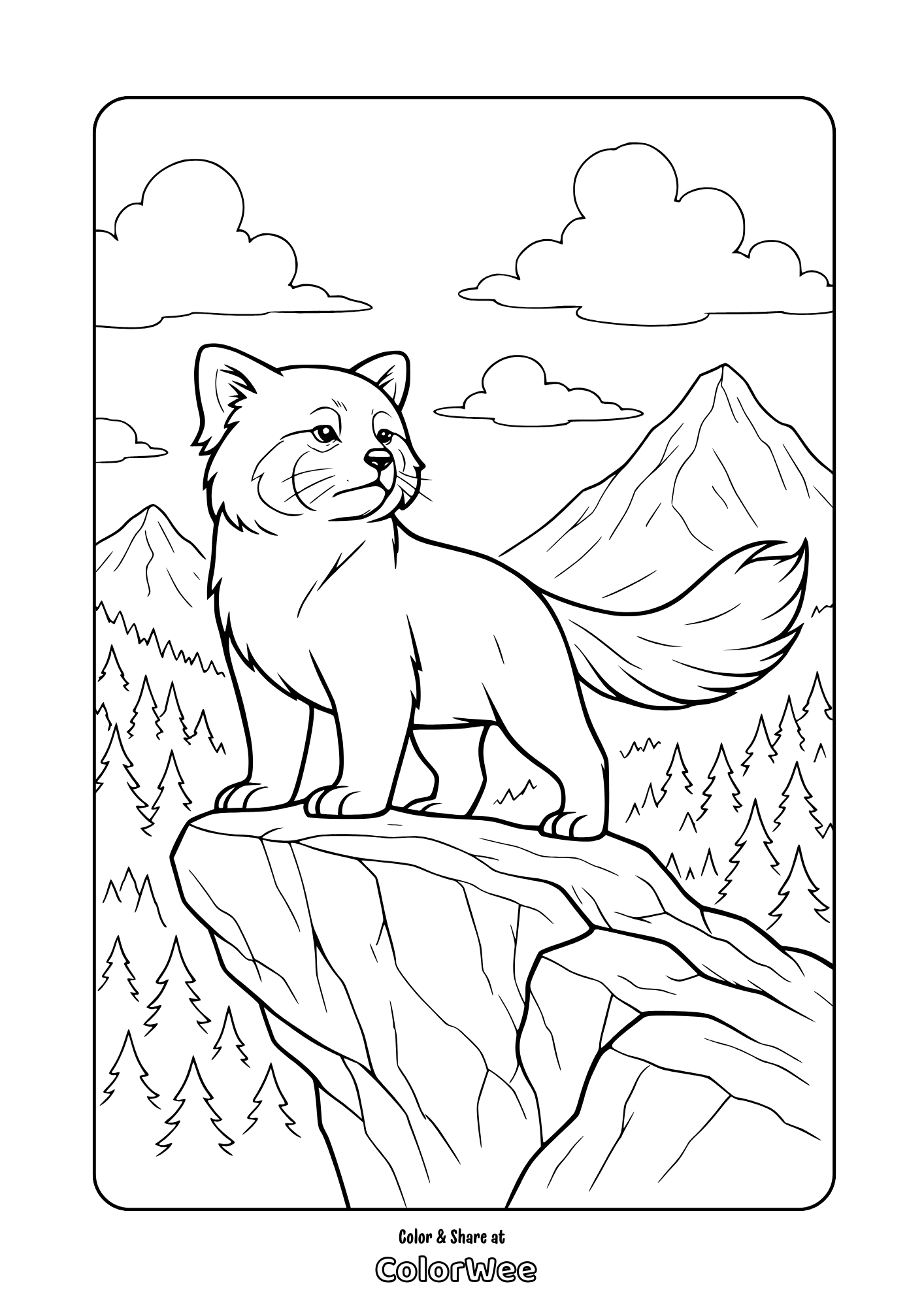 Realistic red panda on a cliff coloring page with mountains and trees in the background