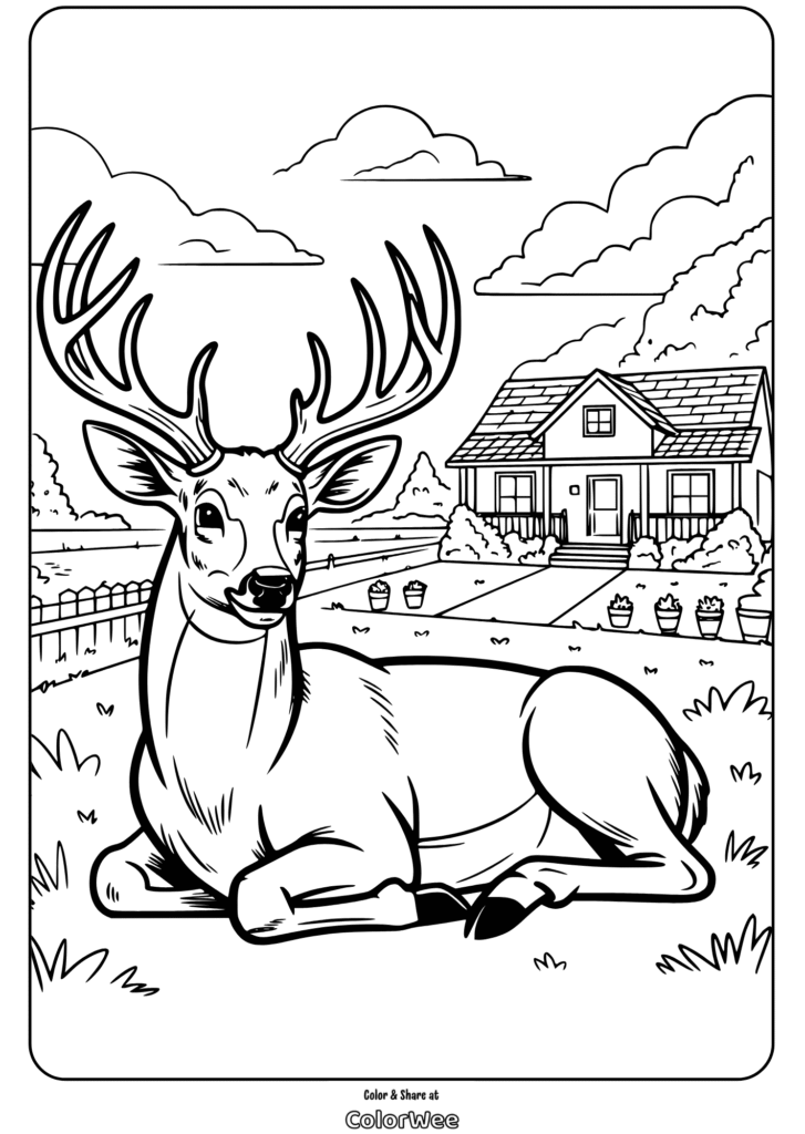Deer resting in a garden near a house coloring page.