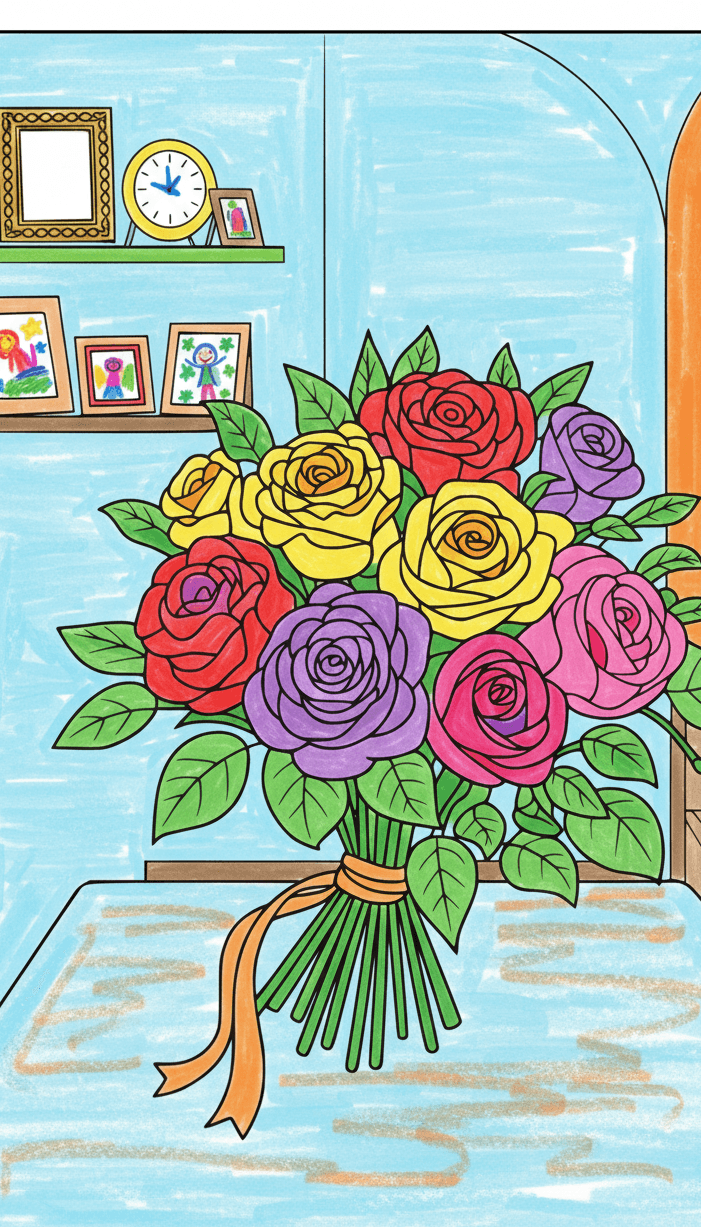 rose coloring page 1 edited Coloring page: vibrant bouquet of red, yellow, and purple roses in room.