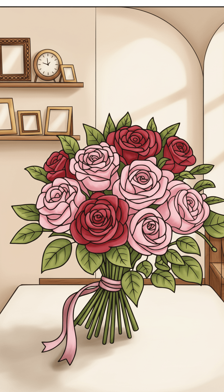 rose coloring page 2 edited Coloring page of pink and red roses in a room.