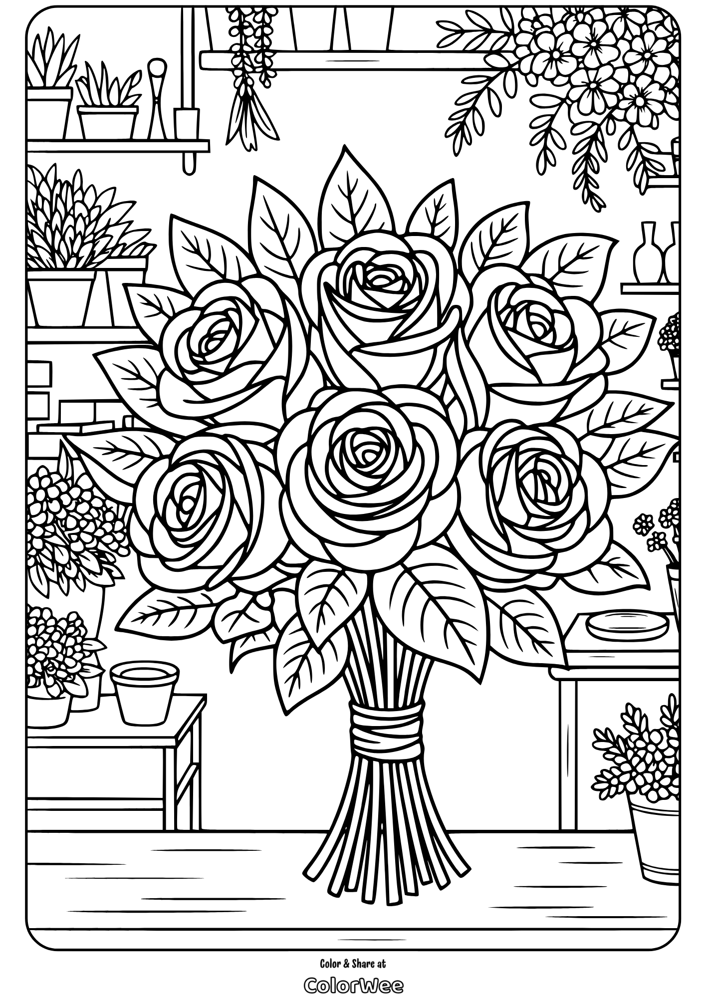 Bouquet of roses in a flower shop coloring page