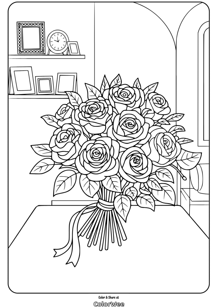 rose bouquet memory shelf coloring page Bouquet of roses coloring page for kids and adults.