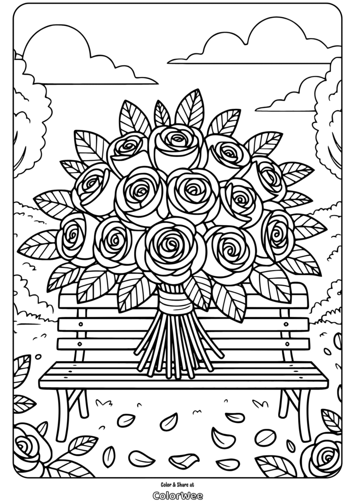 rose bouquet park bench coloring page Bouquet of roses on a bench coloring page for kids.