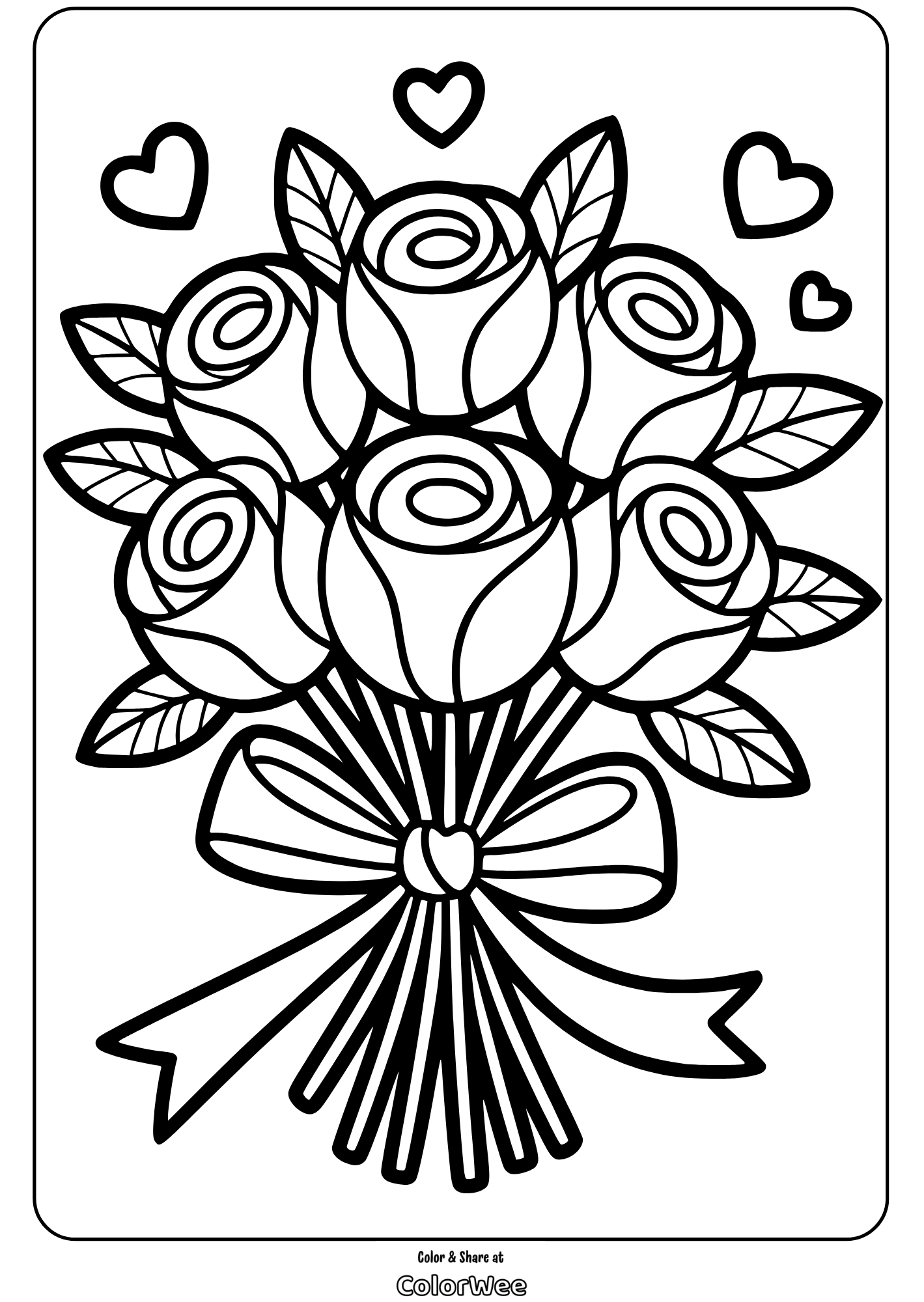 Bouquet of roses with hearts coloring page for kids.