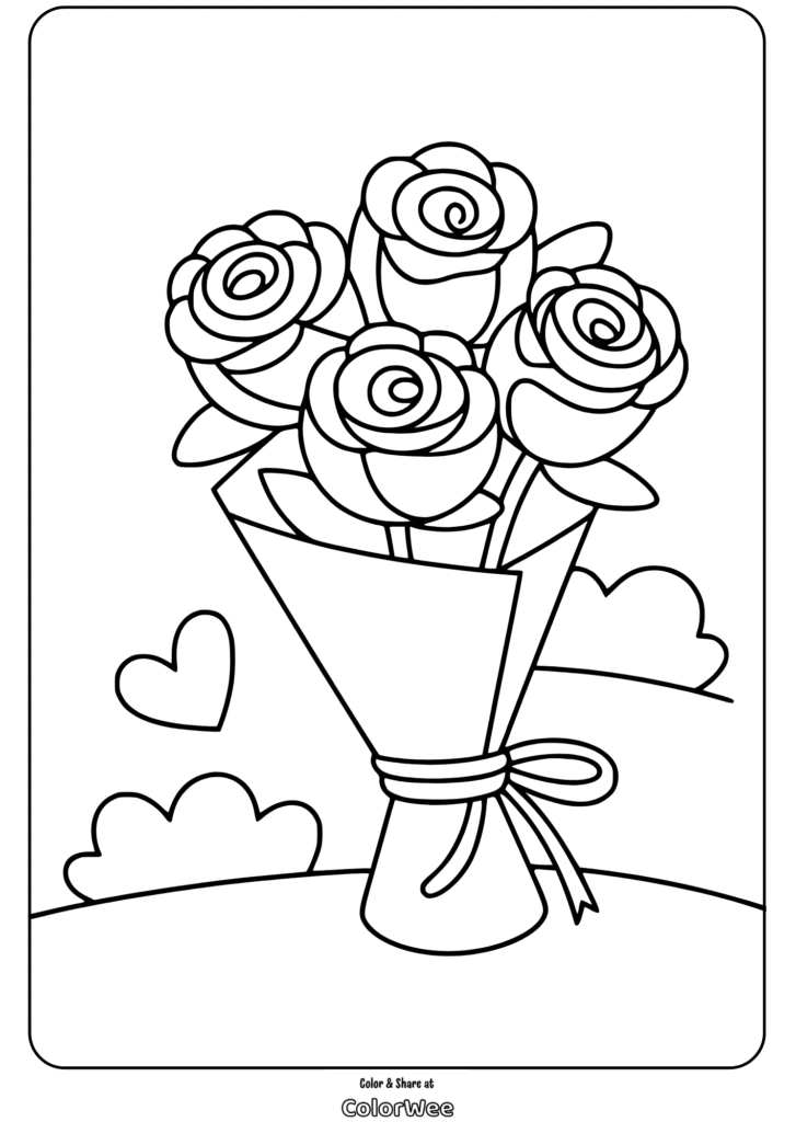 rose bouquet wrapped gift coloring page Bouquet of roses coloring page with hearts and clouds.