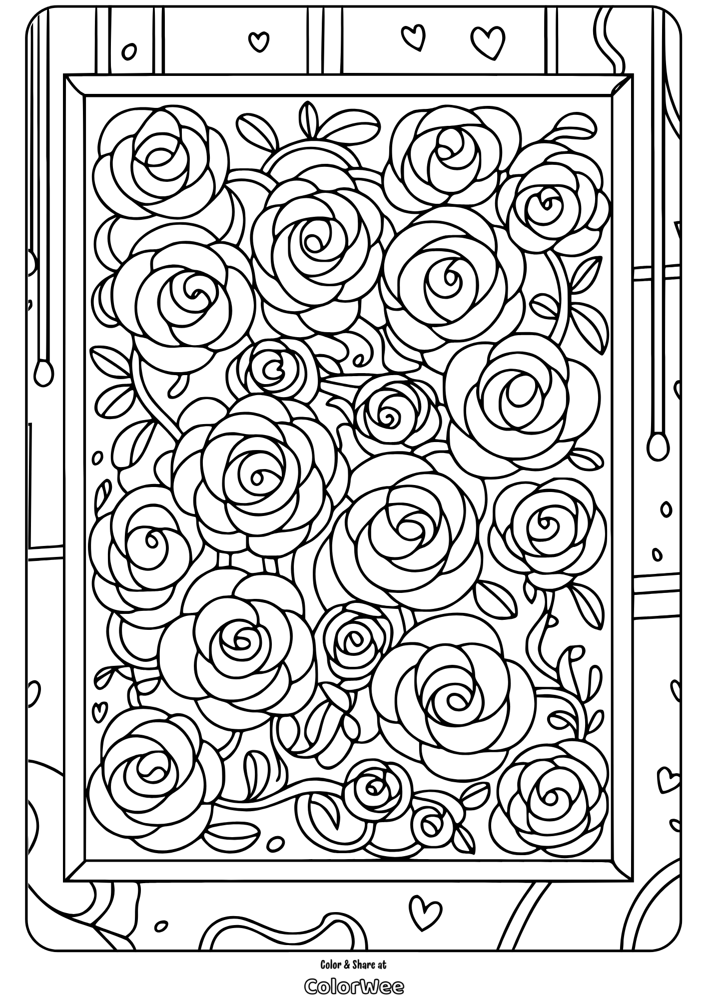 Intricate rose bouquet coloring page with hearts and swirls.