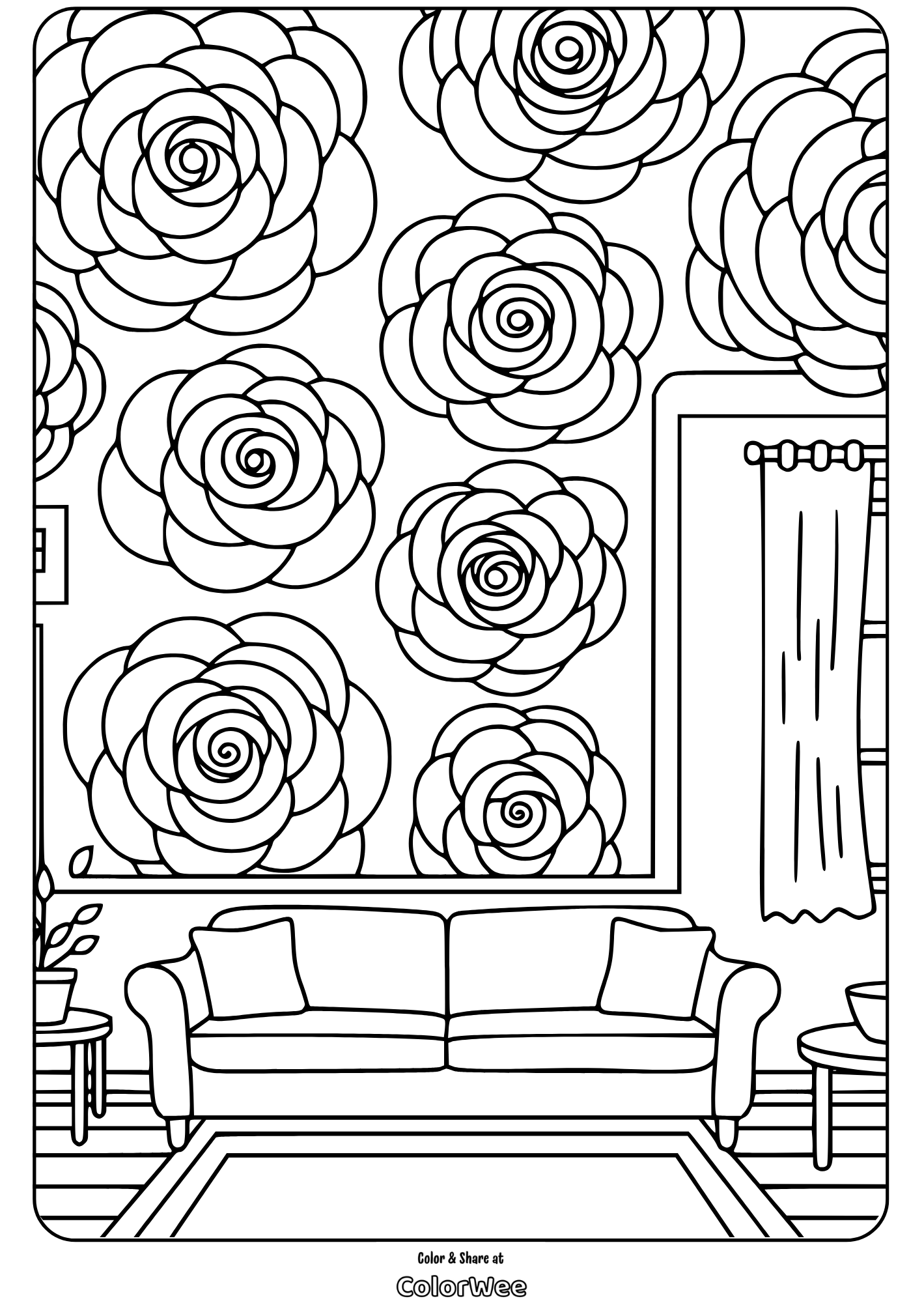Cozy living room with floral wallpaper coloring page.