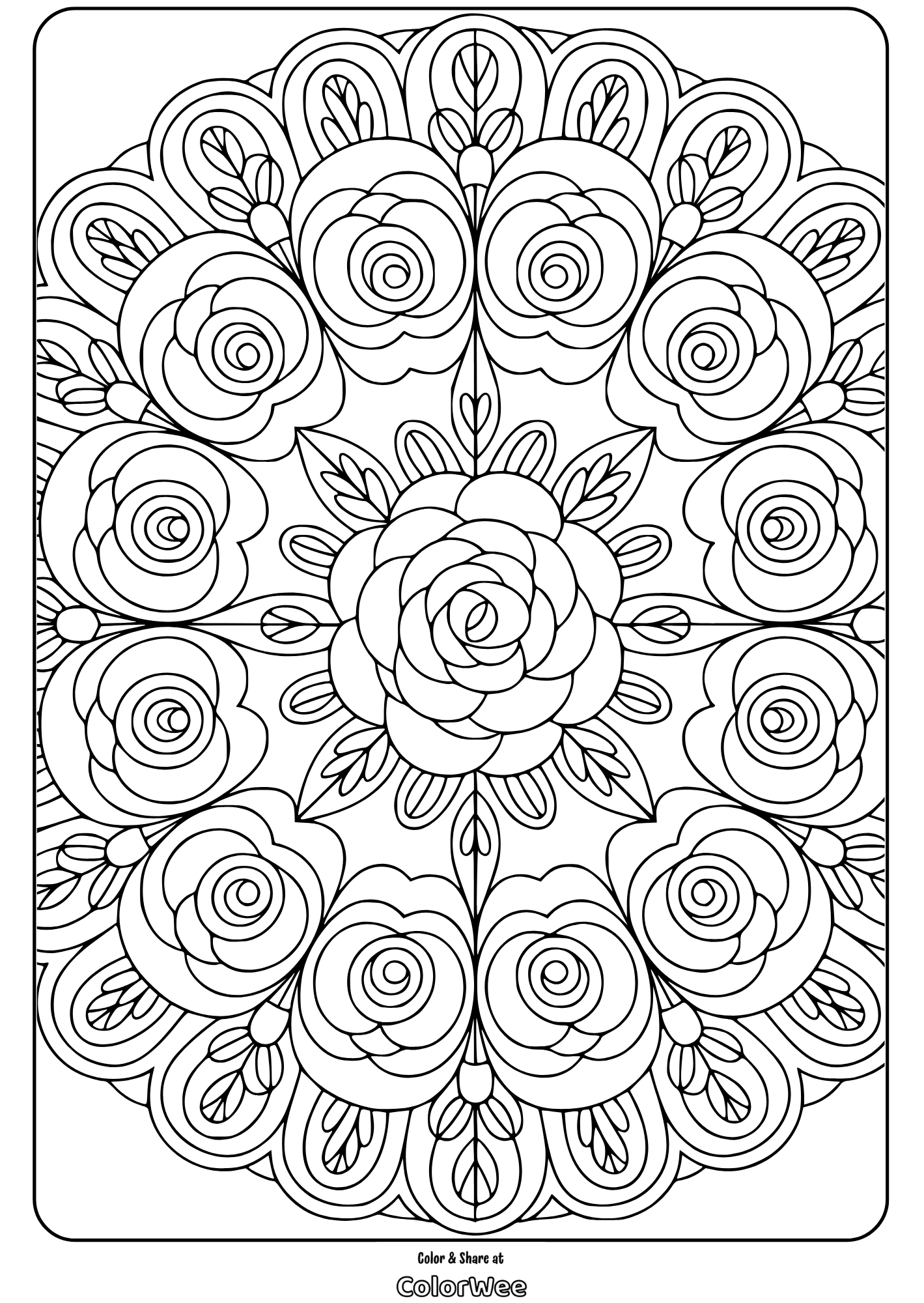 Mandala coloring page with intricate floral patterns.