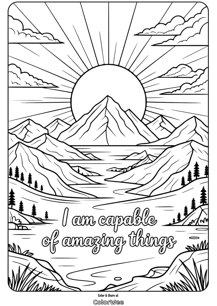 self empowerment quotes sunrise mountains coloring page Mountain sunrise coloring page with motivational quote, landscape drawing
