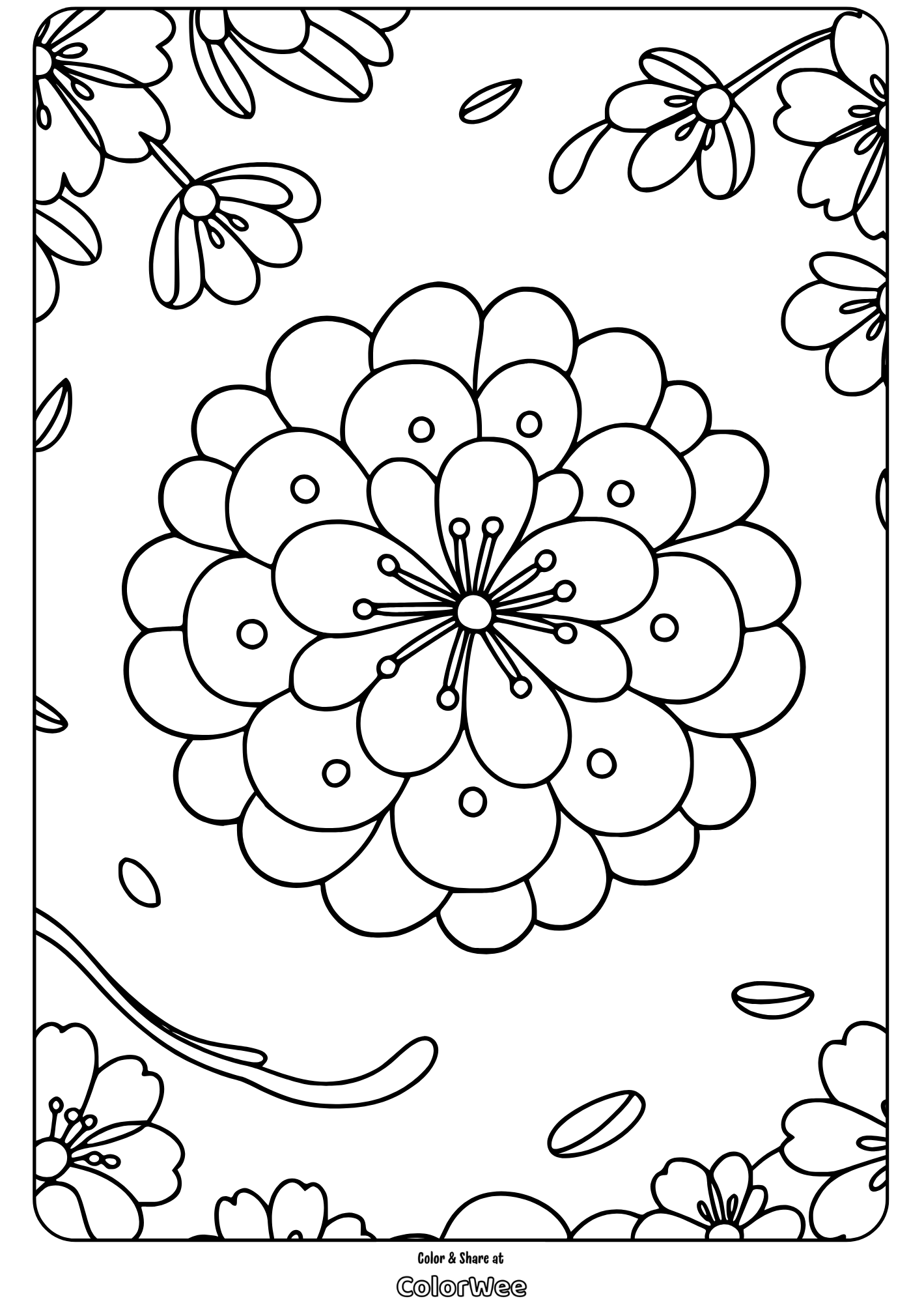 Floral mandala coloring page with intricate petal designs.