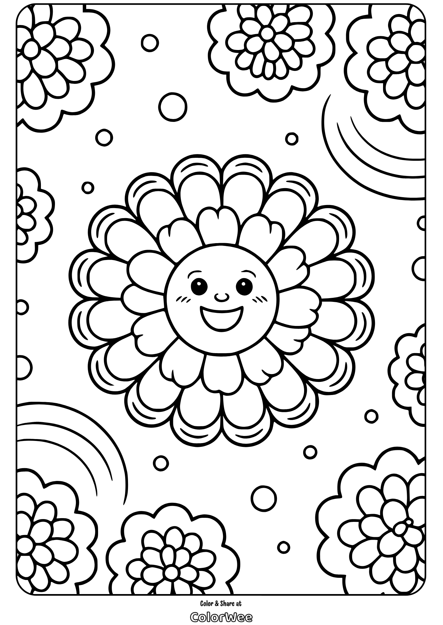 Smiling sunflower coloring page for kids with cheerful patterns.