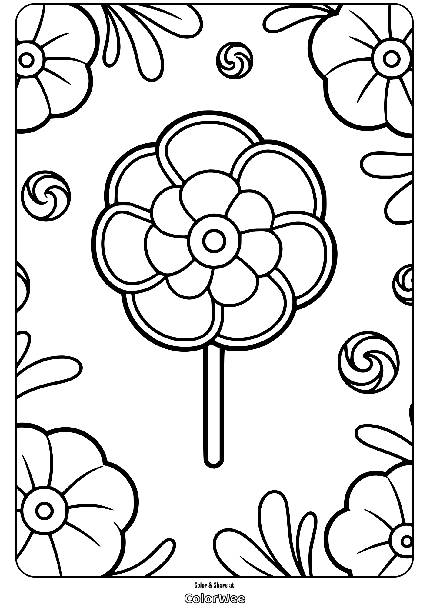 Floral lollipop coloring page with abstract flower designs.
