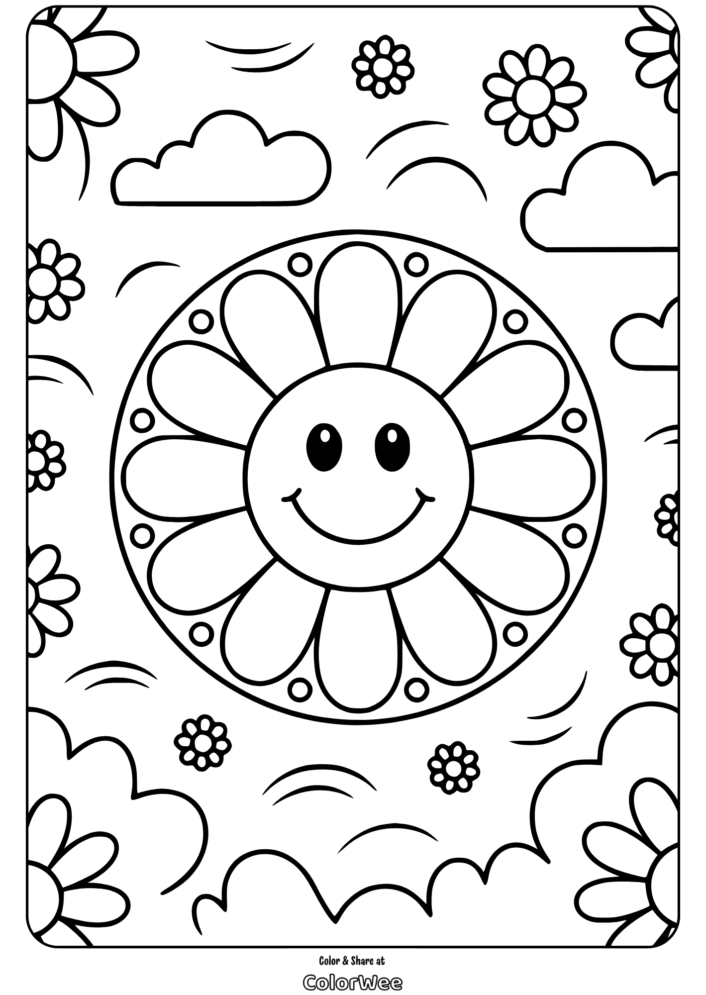 Smiling flower coloring page with clouds and flowers.