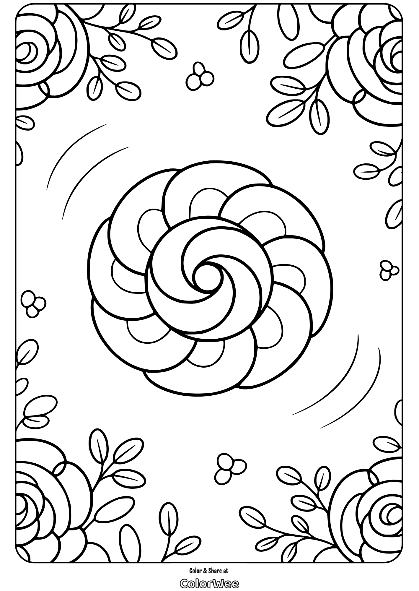 Swirling floral design with leaves for coloring.