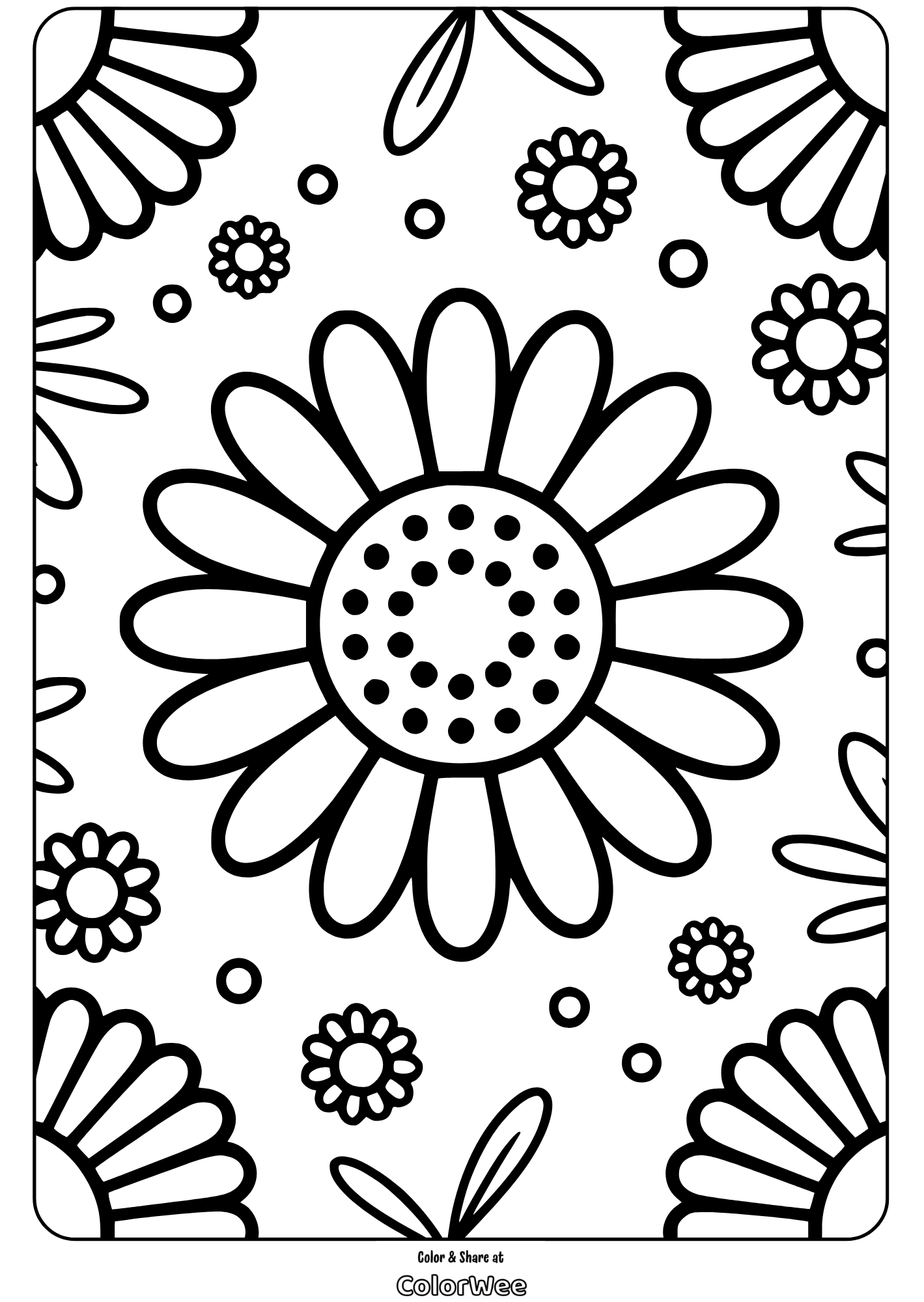 Coloring page with large and small flowers pattern.