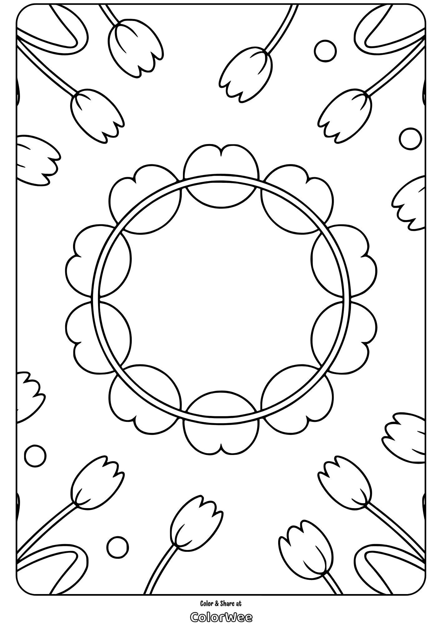 Floral circle coloring page with tulips and circles.