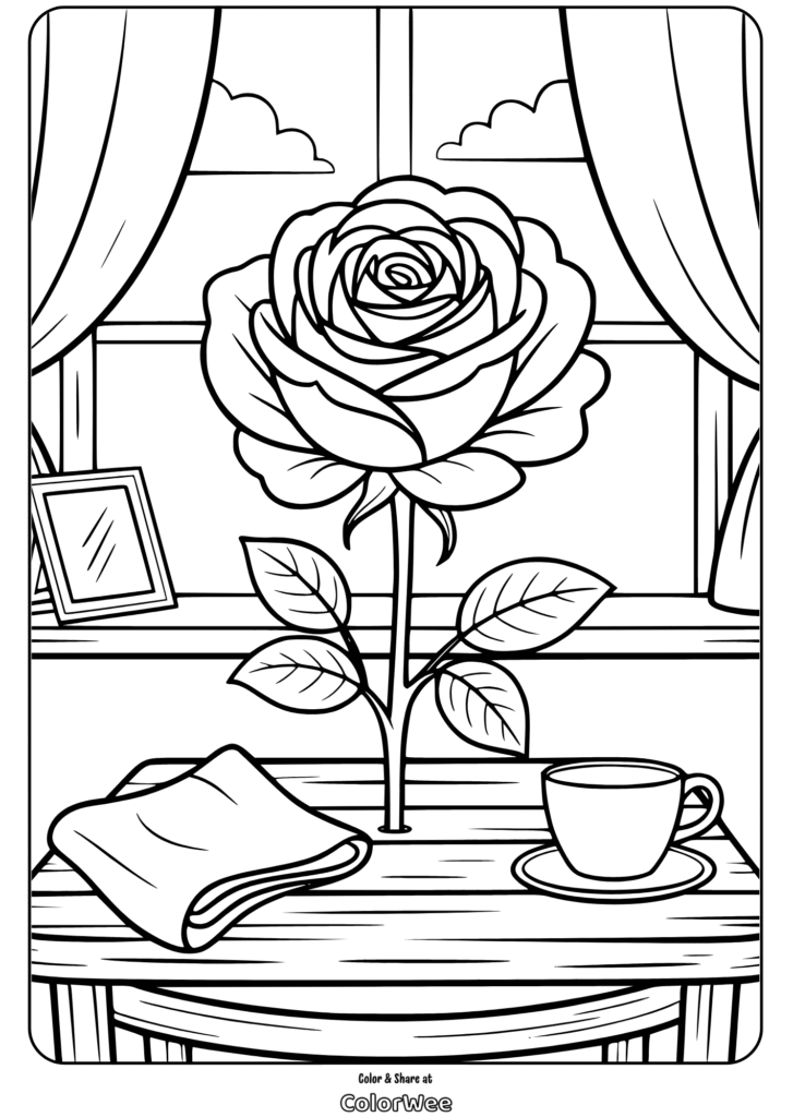 single rose cozy table coloring page Rose by window coloring page with table, cup, and book.