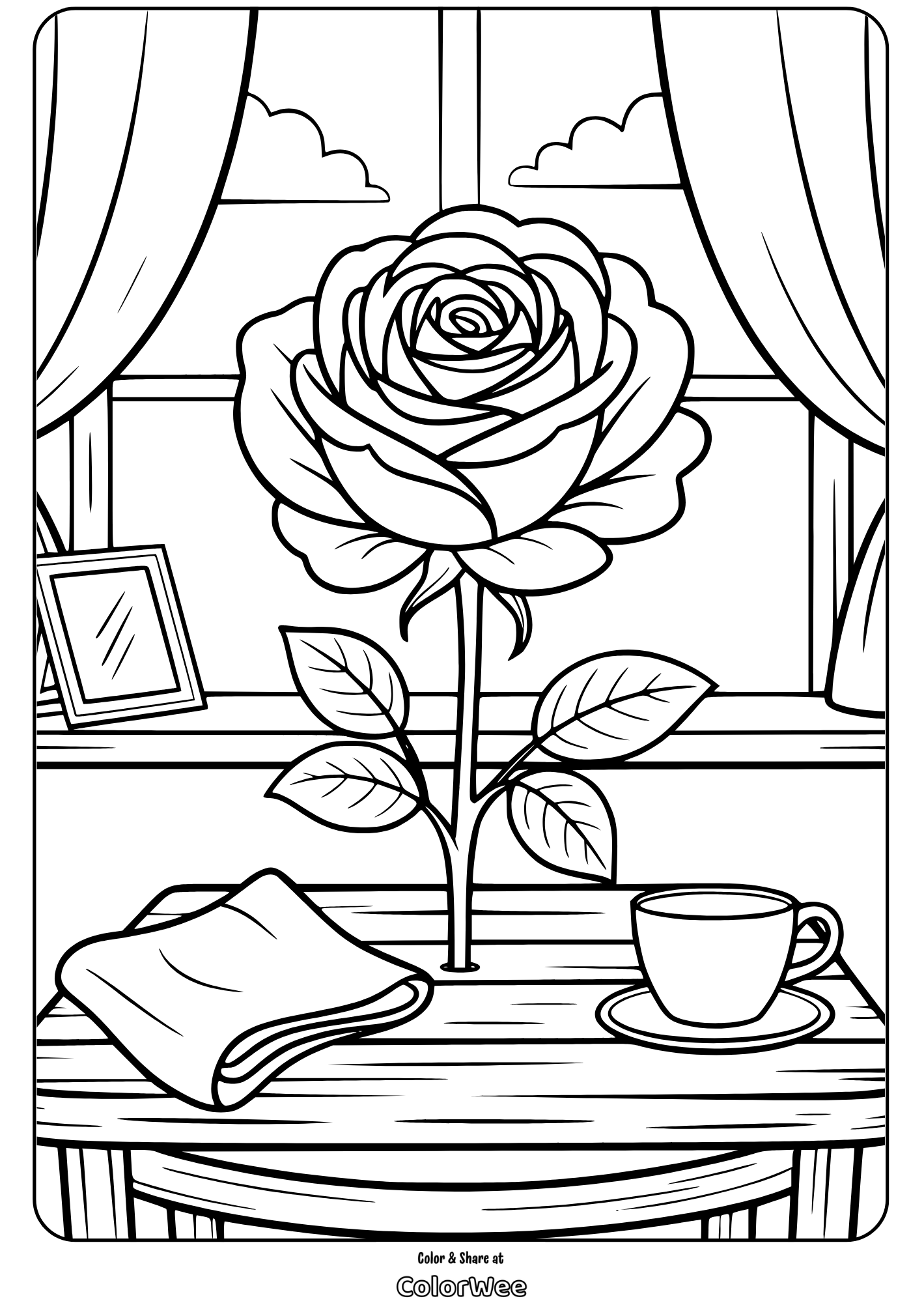 Rose by window coloring page with table, cup, and book.
