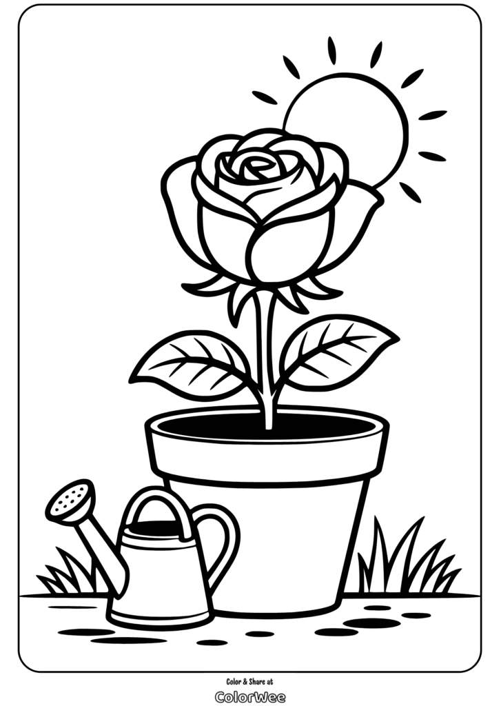 single rose garden pot coloring page Potted rose with sun and watering can coloring page.