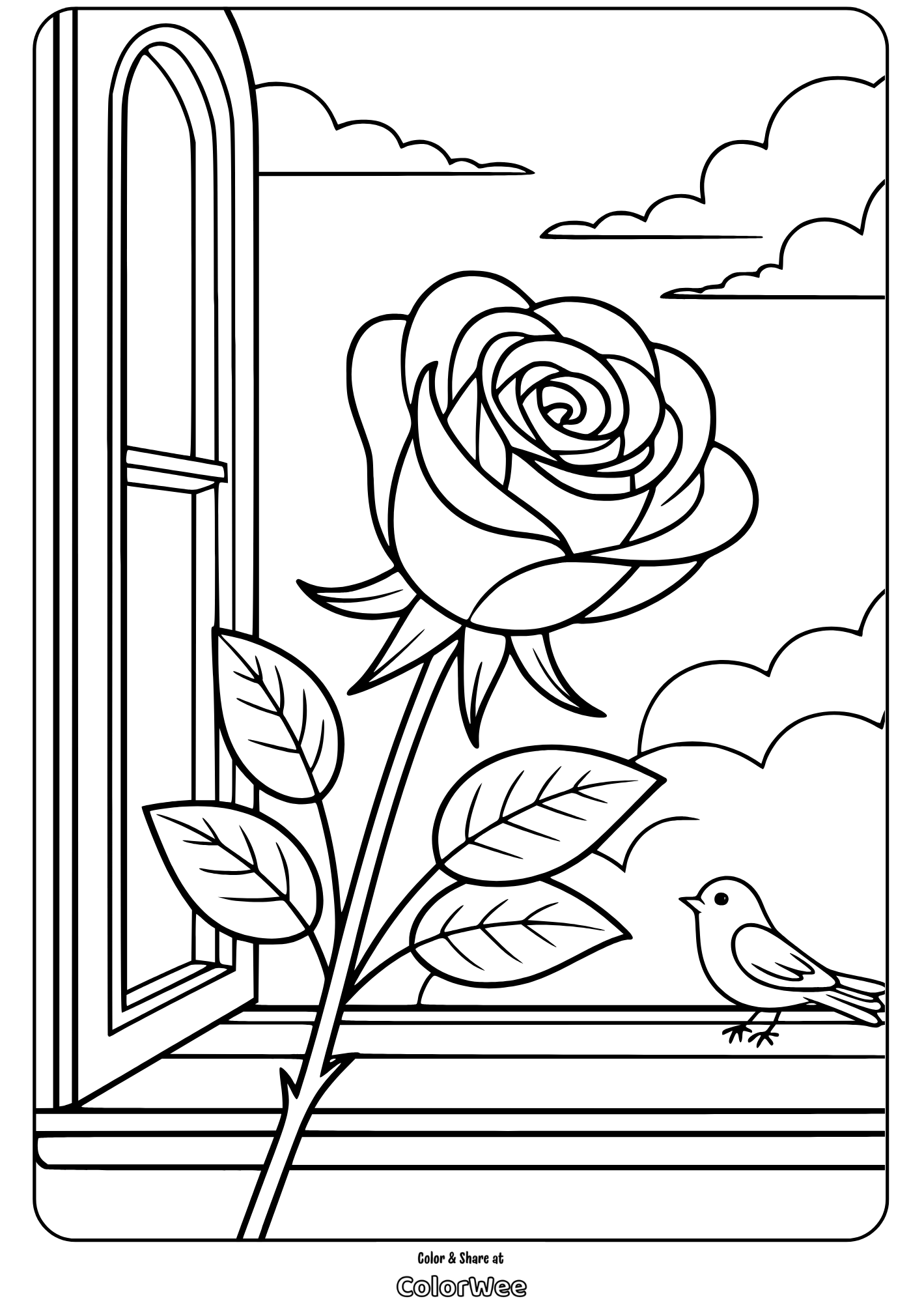 Rose and bird at window coloring page with clouds in the background.