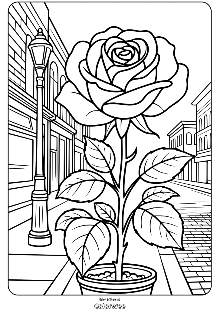 single rose vintage city coloring page Potted rose by street lamp coloring page.