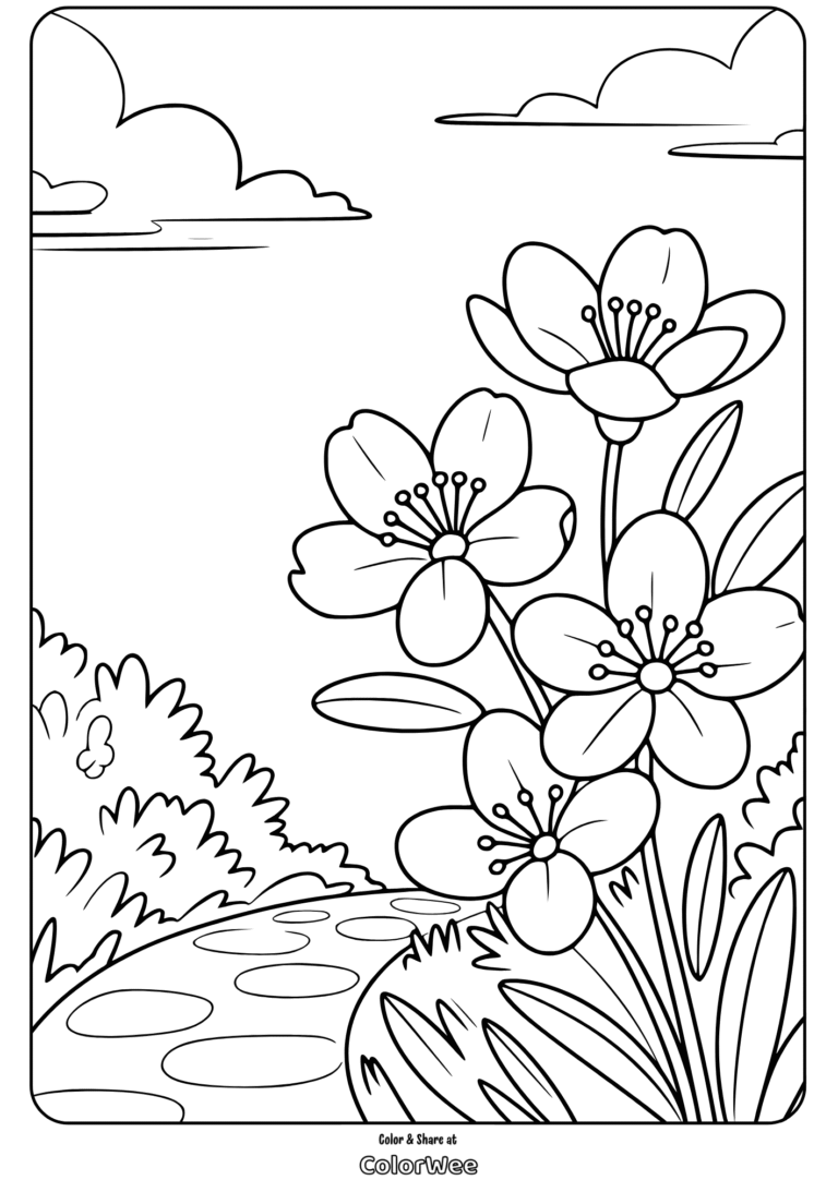spring blossom path coloring page Spring flowers coloring page with path and clouds.