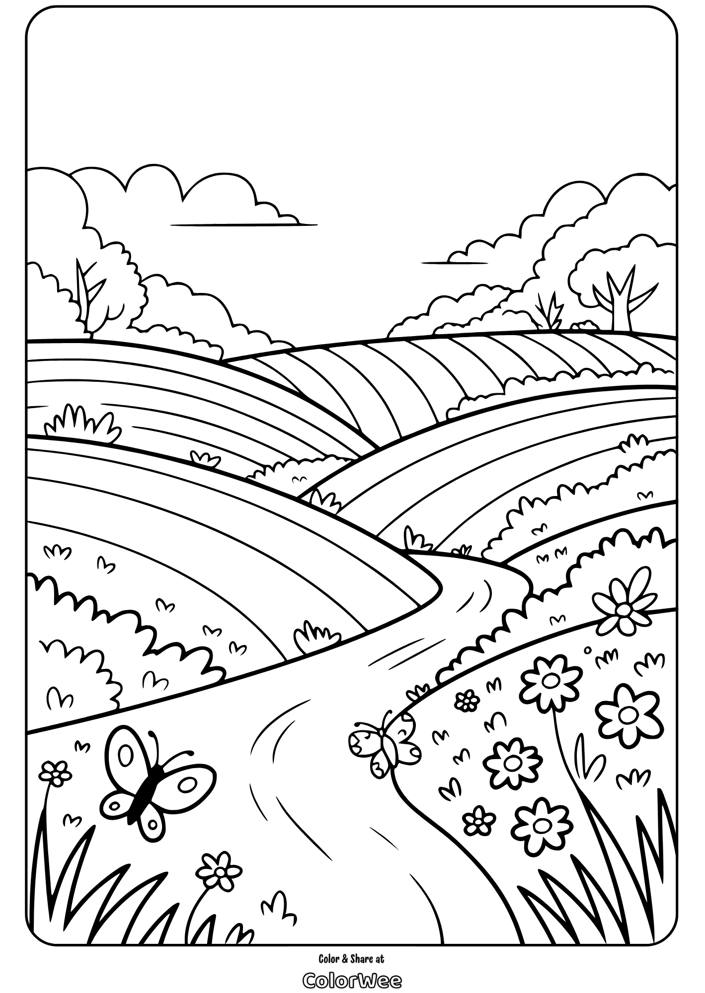 Coloring page of a scenic landscape with hills, path, flowers, and butterflies.