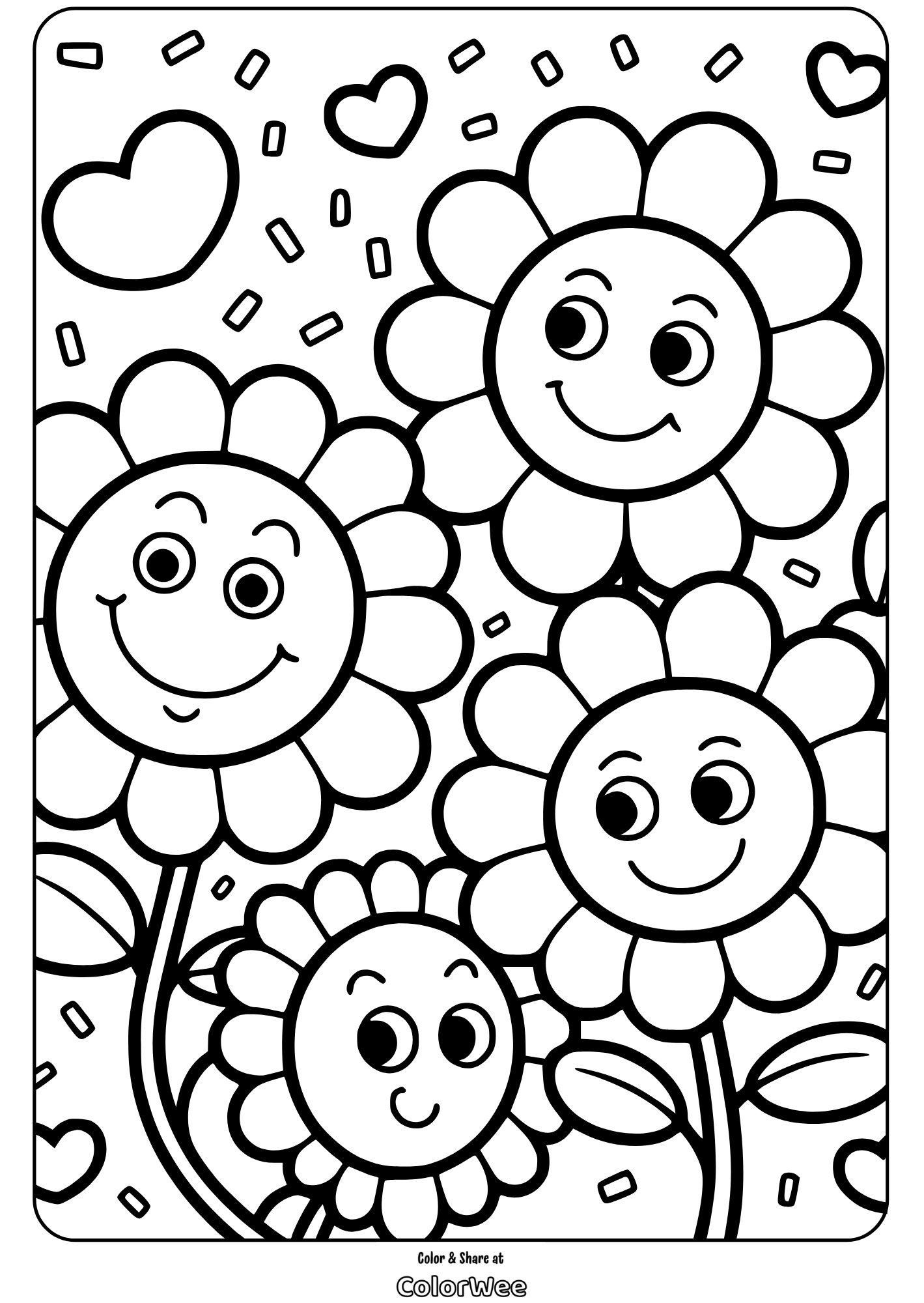 Happy flower coloring page with smiling faces and decorative hearts.