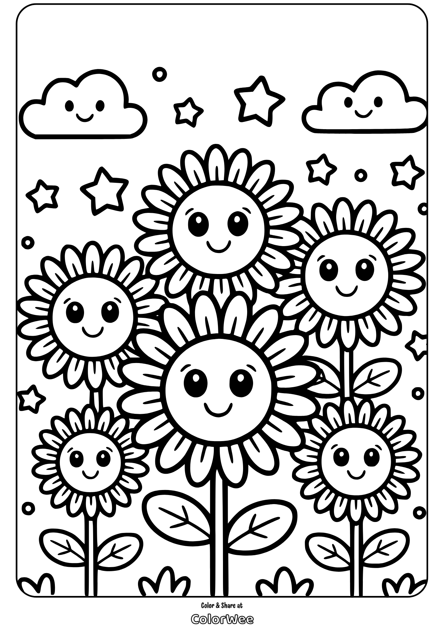 Happy sunflowers coloring page with stars and clouds.