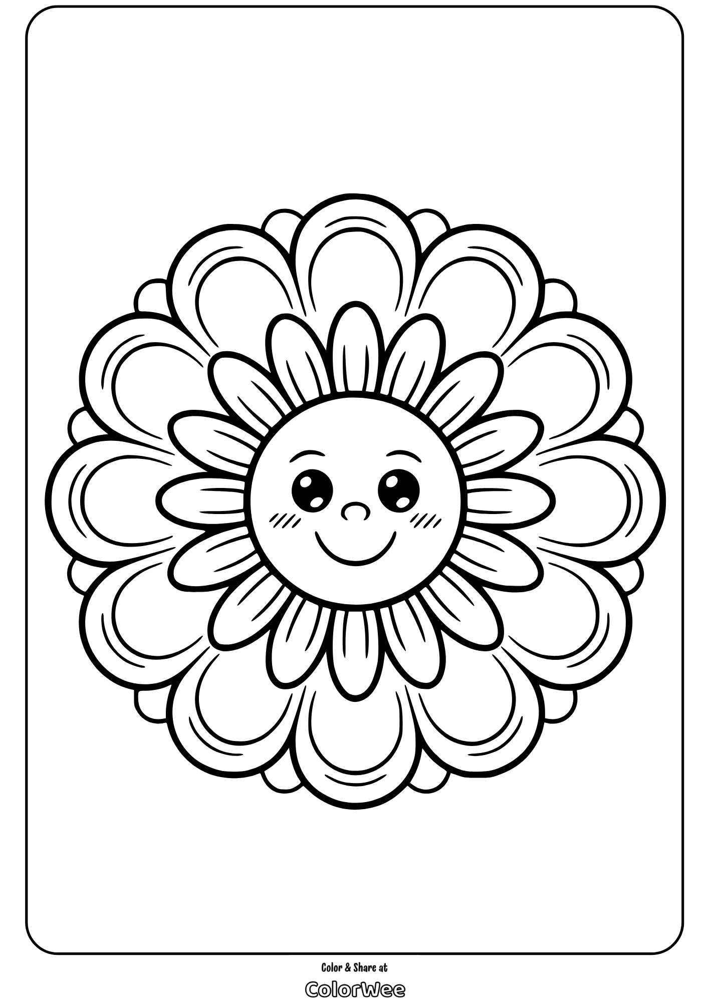 Happy flower coloring page with a smiling face and petals.