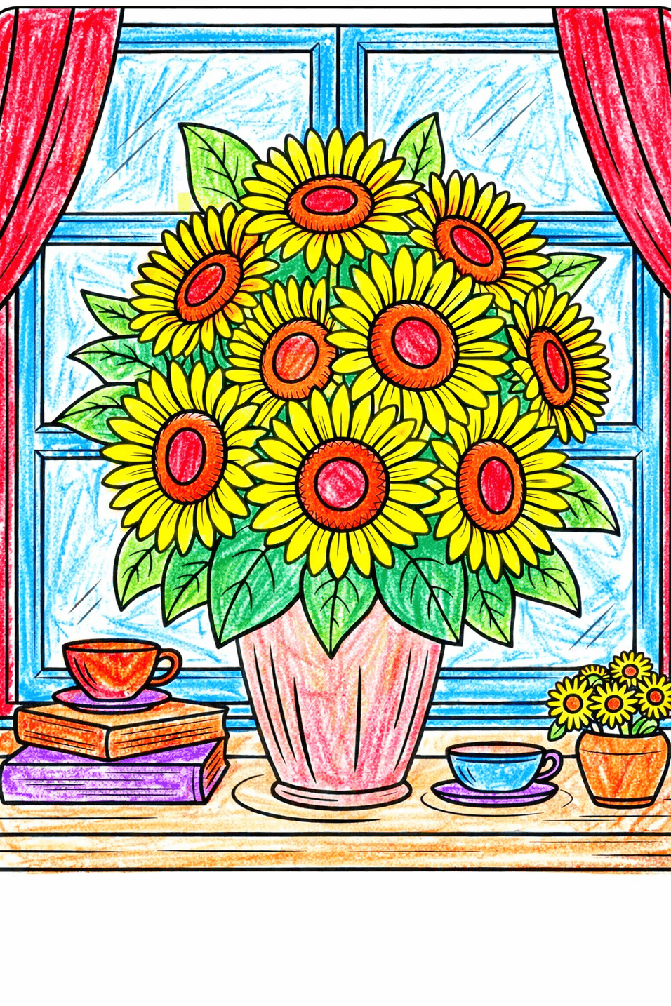 Sunflower bouquet coloring page by a window.