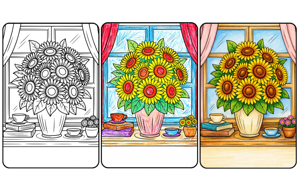 Sunflower coloring page by window with books and cups.