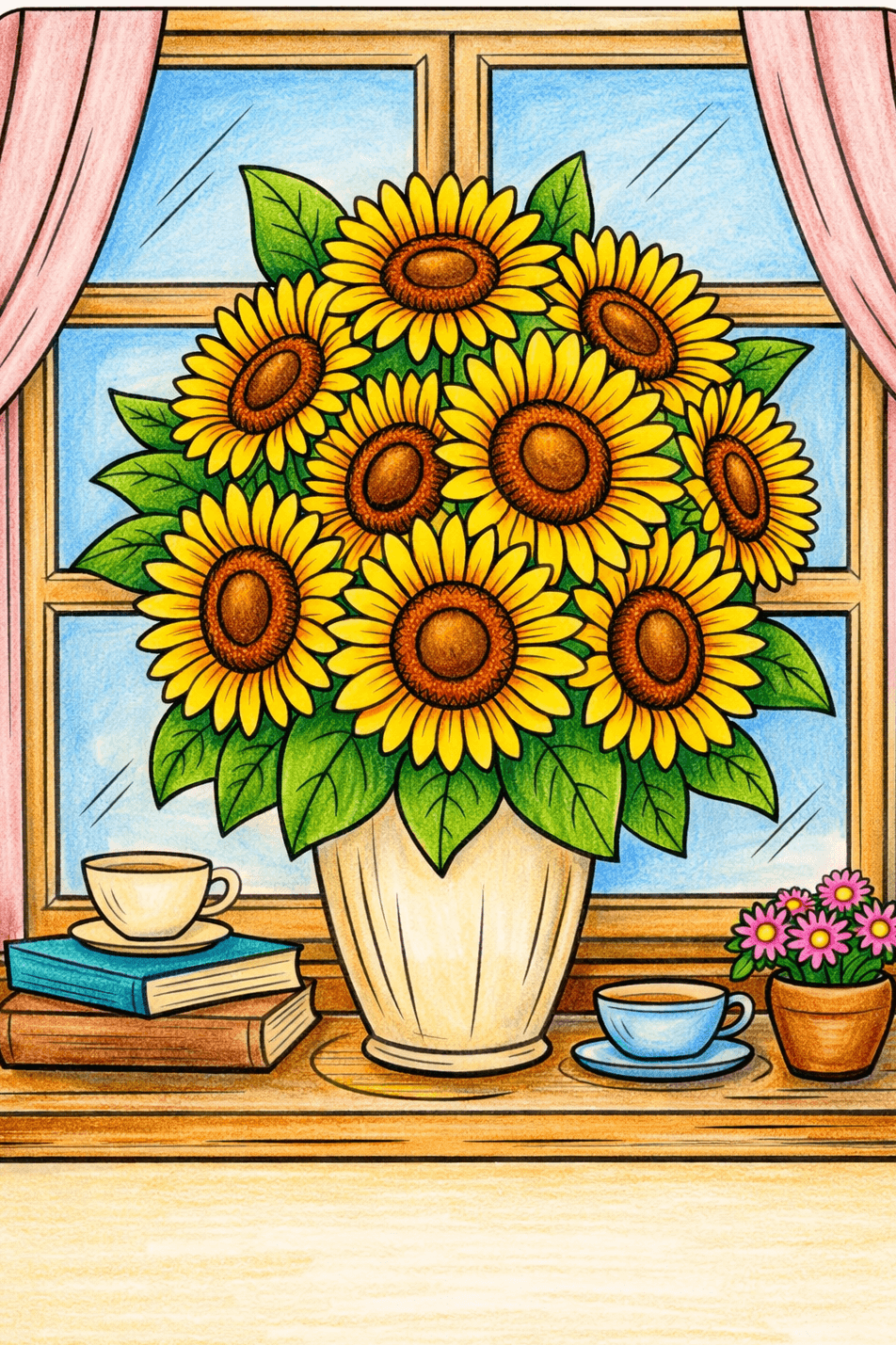 Sunflowers in vase by window with books and cups, coloring page.