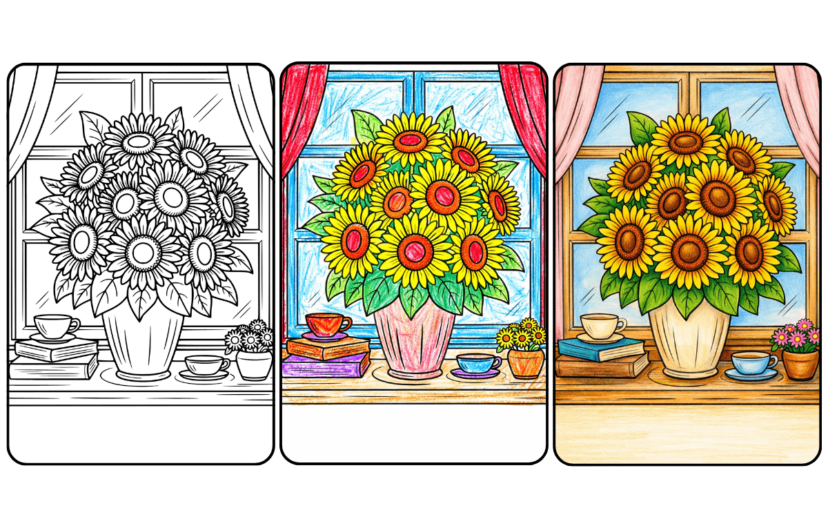 Sunflower coloring page by window with books and cups.