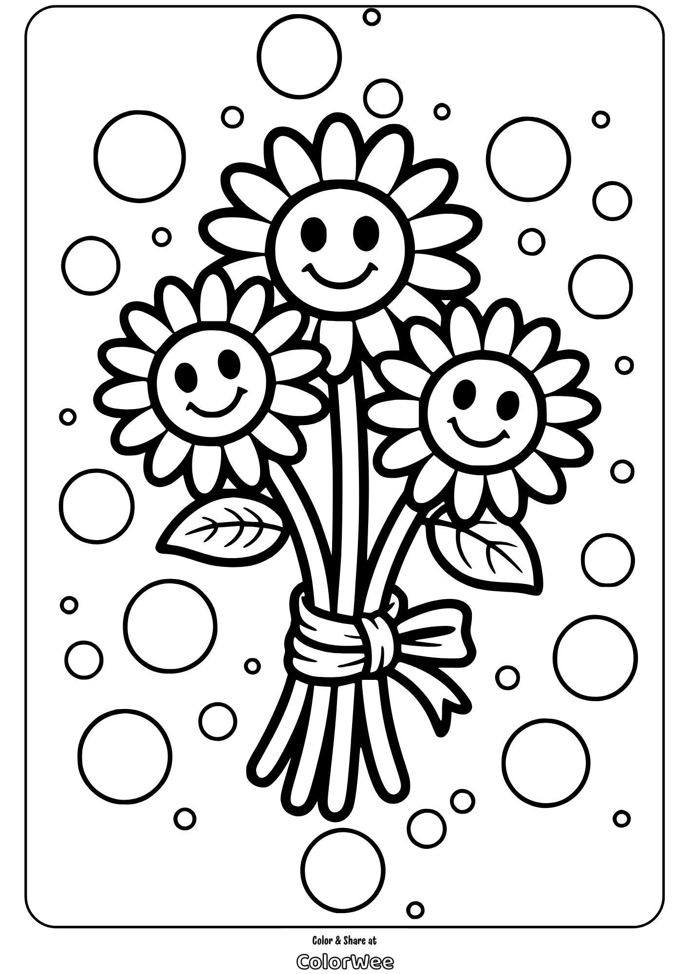 Smiling flowers coloring page with bubbles.