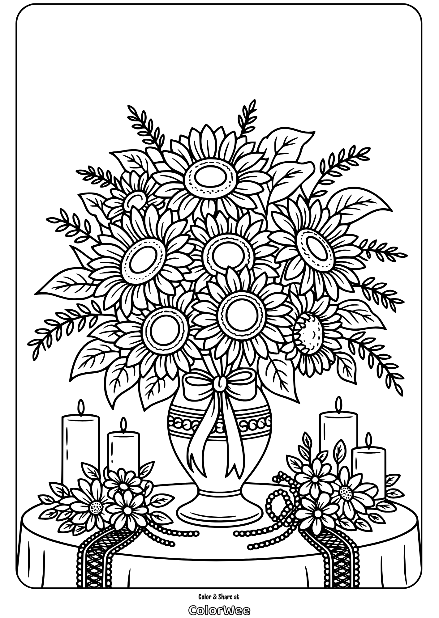 Sunflower bouquet and candles coloring page for relaxation.