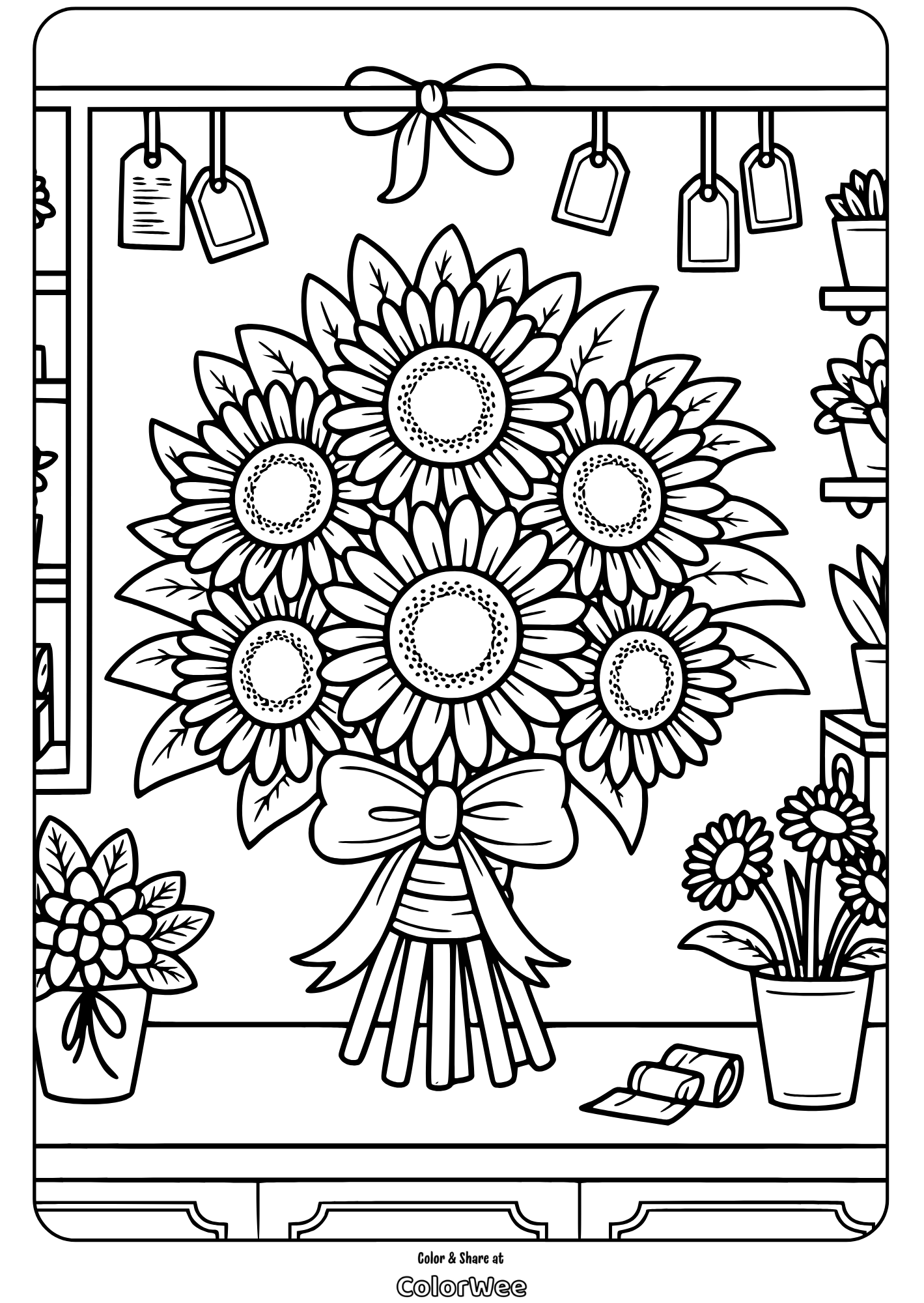 Coloring page of a sunflower bouquet tied with ribbon.