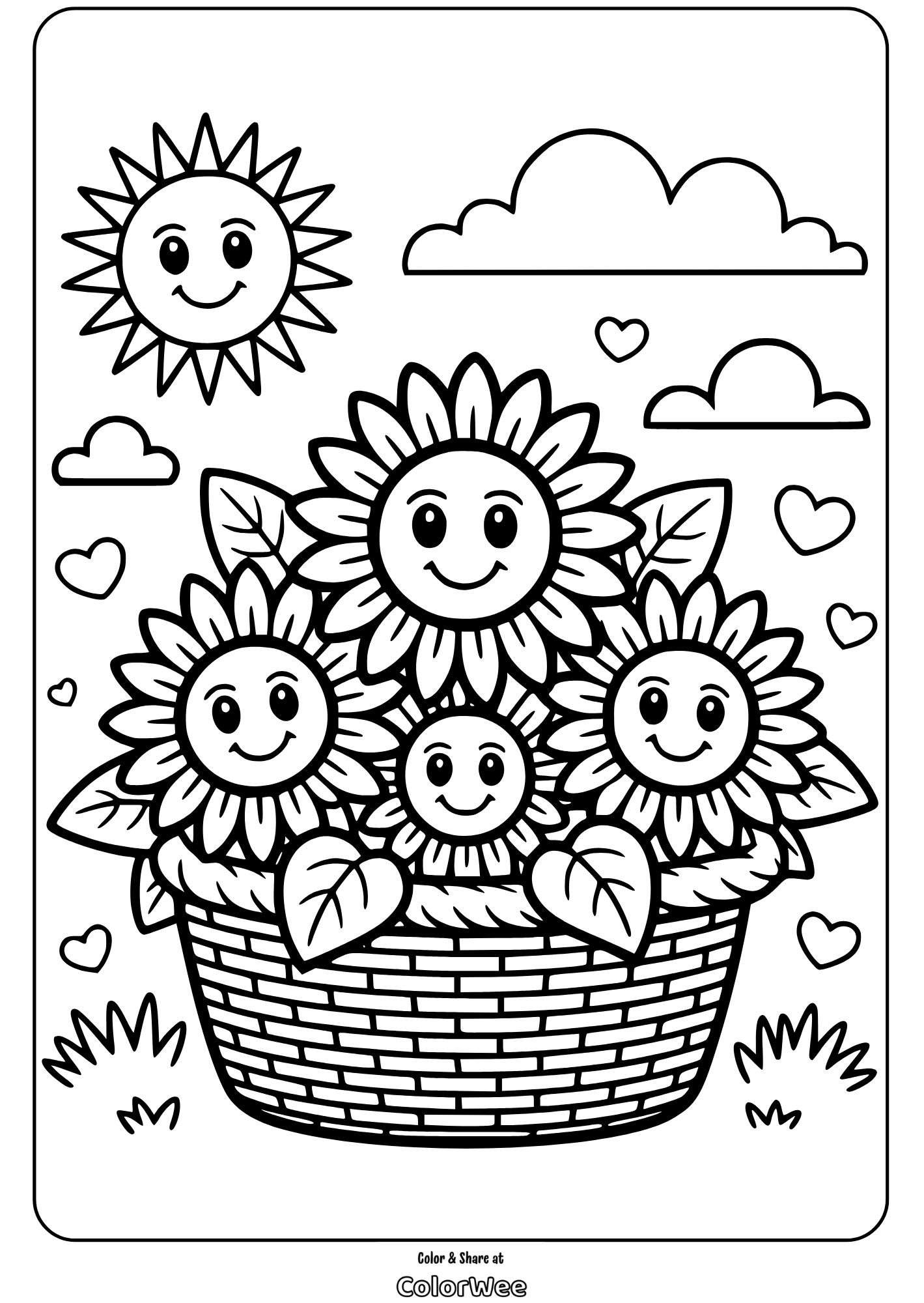 Smiling sunflowers in a basket with clouds and sun coloring page.