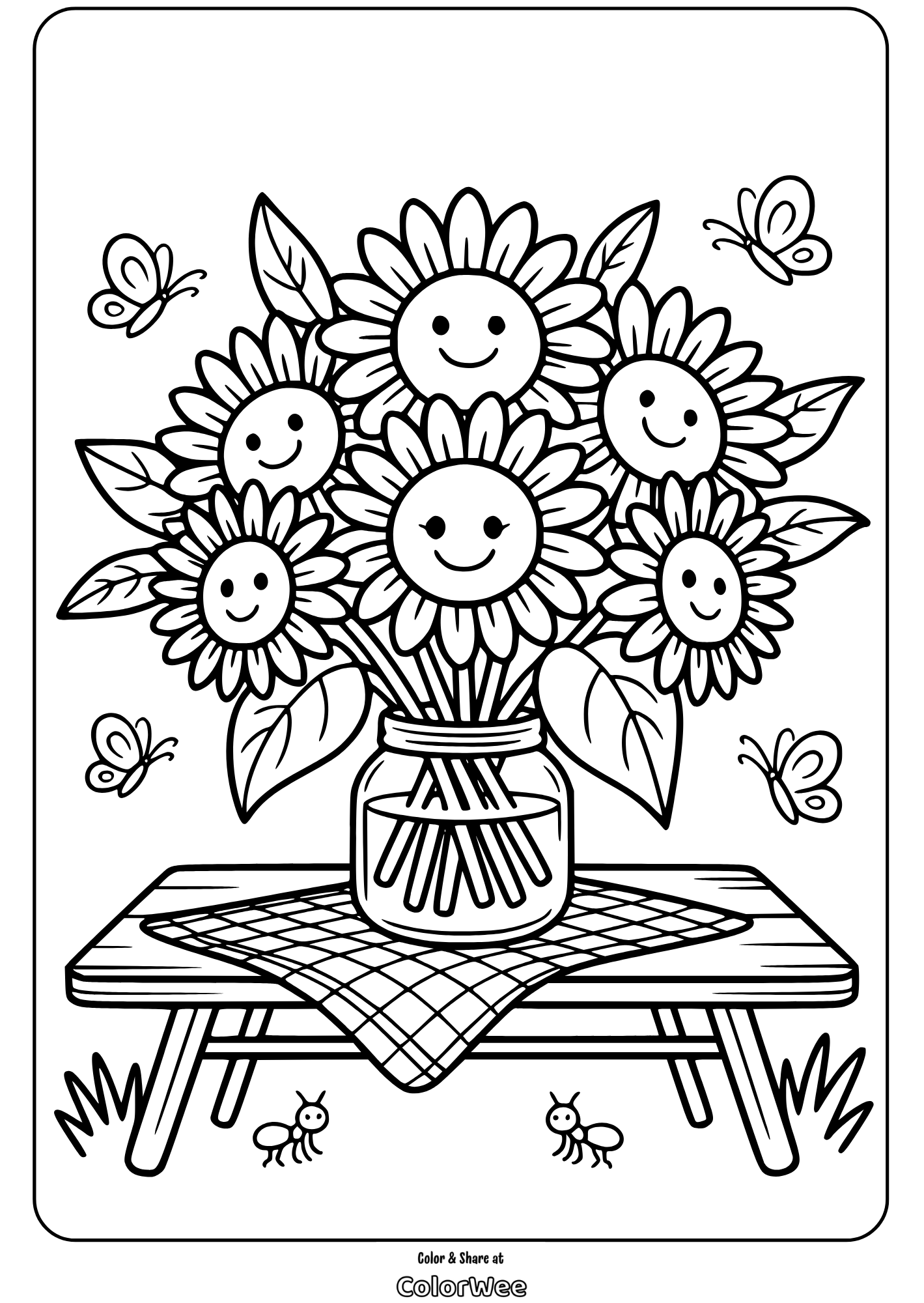 Smiling sunflower coloring page with butterflies and ants.