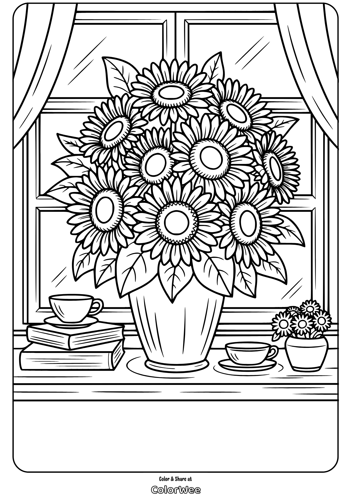 Sunflowers in vase by window, coloring page for relaxation
