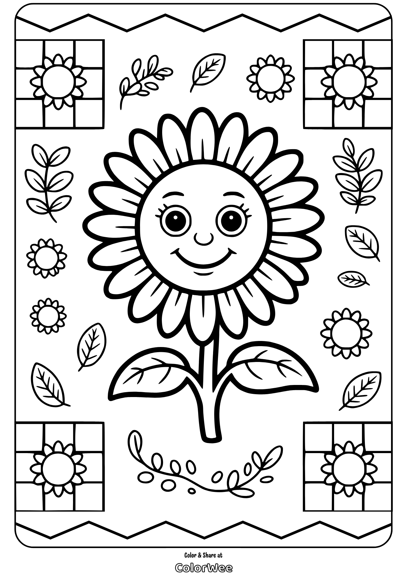 Smiling sunflower coloring page with leaves and decorative patterns.