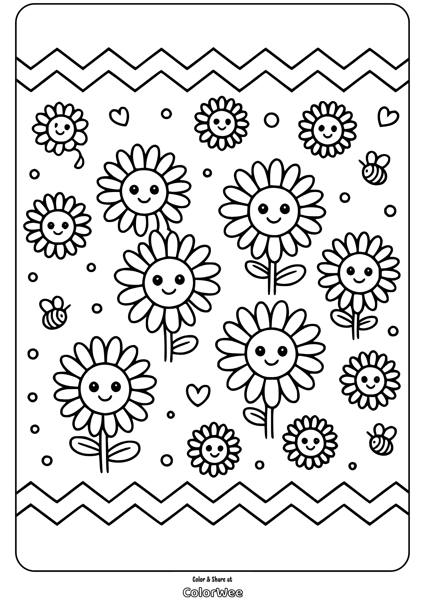 Smiling sunflowers and bees coloring page.