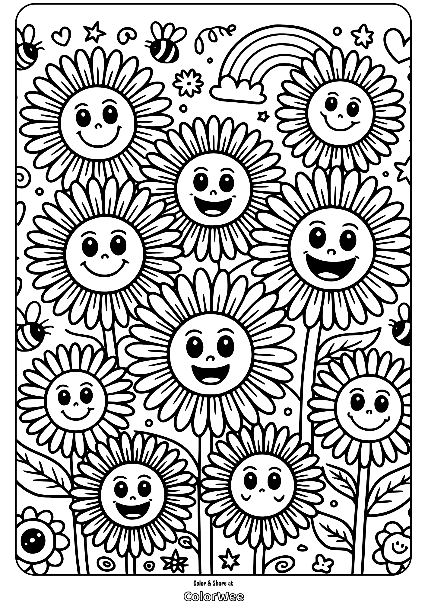 Happy sunflowers coloring page with bees and rainbow.