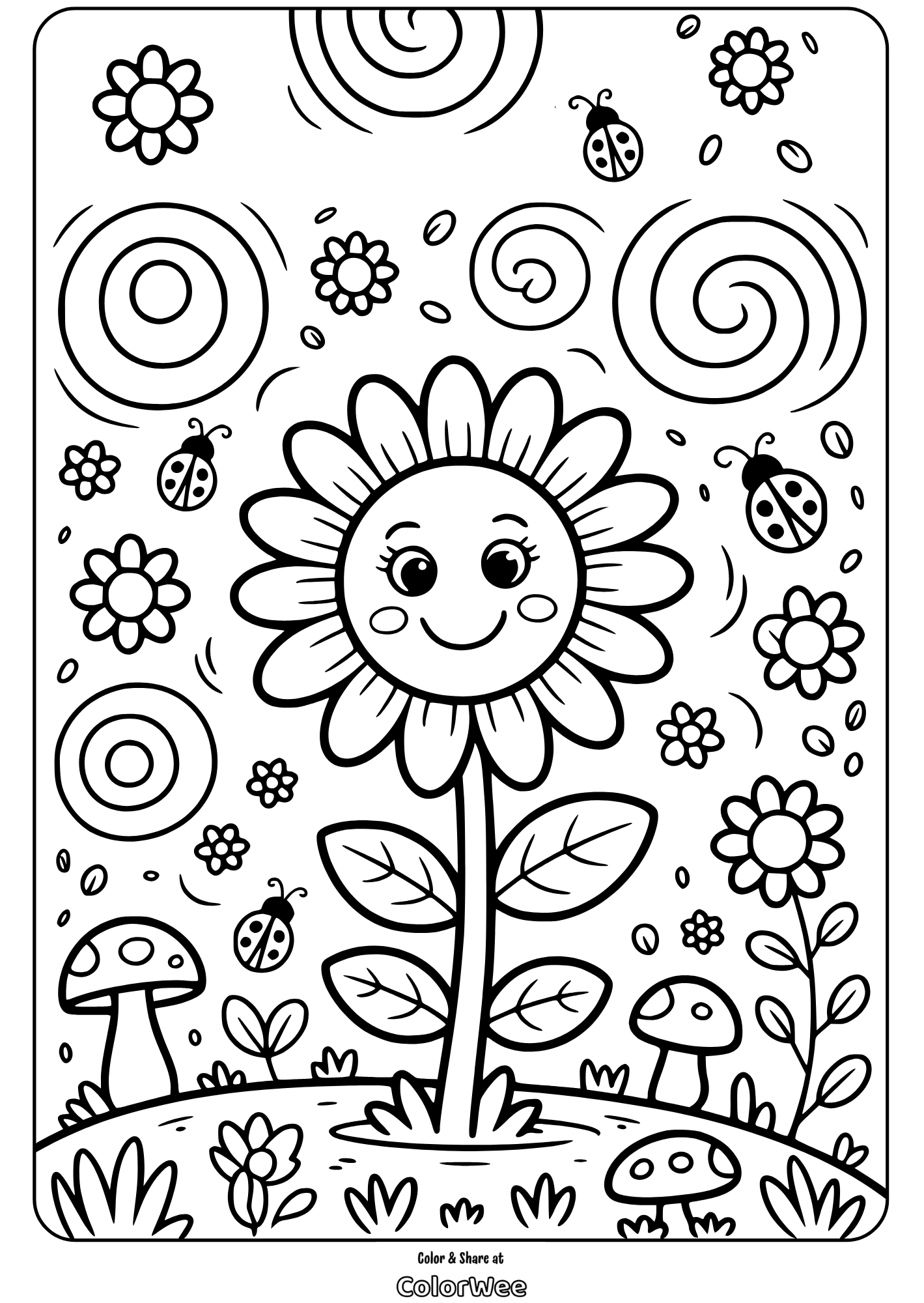 Smiling sunflower with ladybugs and mushrooms coloring page.